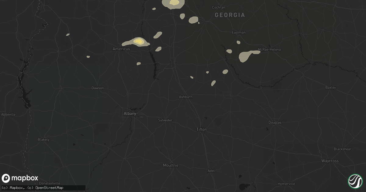Hail map in Ashburn, GA on July 9, 2026