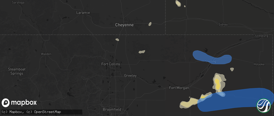 Hail map in Ault, CO on July 9, 2026