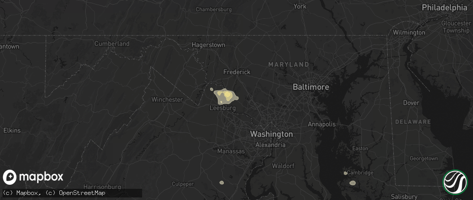 Hail map in Beallsville, MD on July 9, 2026