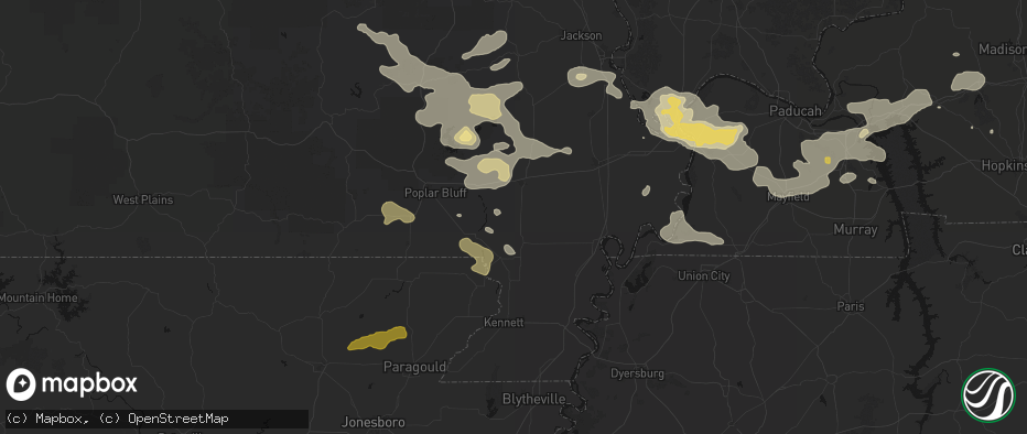 Hail map in Bernie, MO on July 9, 2026