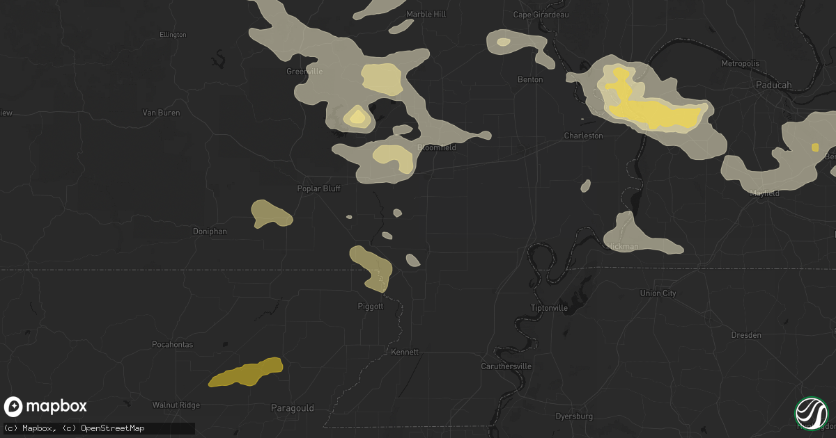 Hail map in Bernie, MO on July 9, 2026