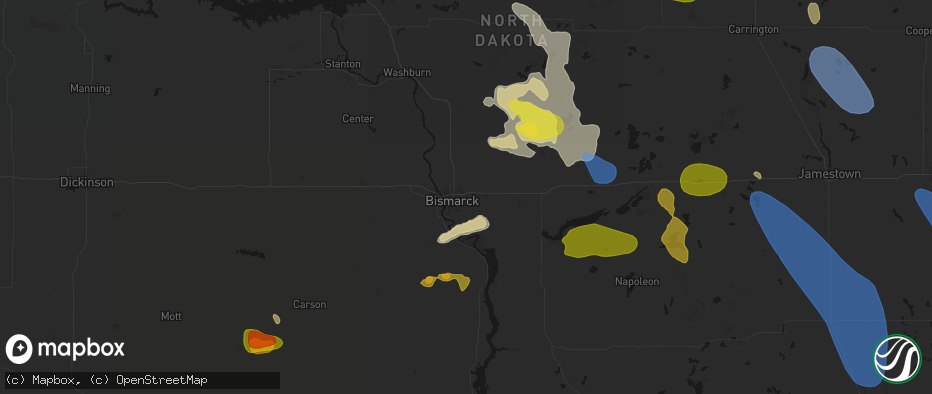Hail map in Bismarck, ND on July 9, 2026