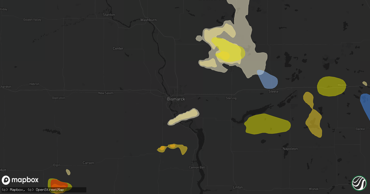 Hail map in Bismarck, ND on July 9, 2026