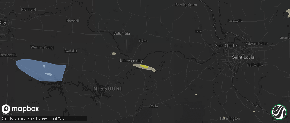 Hail map in Bonnots Mill, MO on July 9, 2026