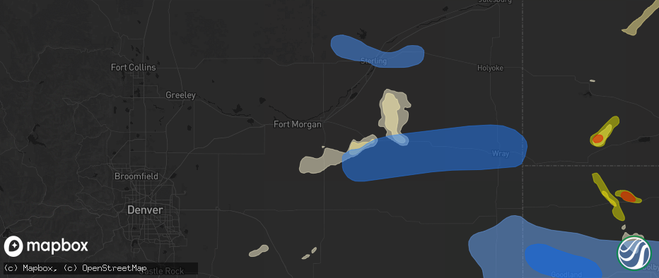 Hail map in Brush, CO on July 9, 2026