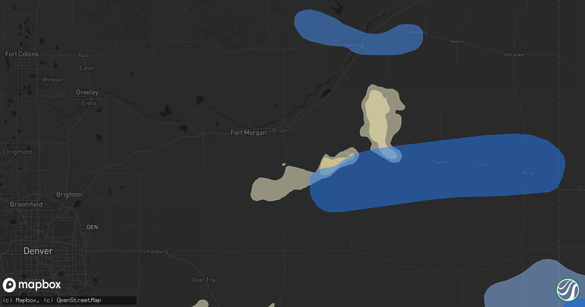 Hail map in Brush, CO on July 9, 2026