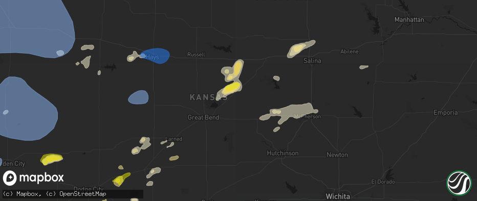 Hail map in Bushton, KS on July 9, 2026
