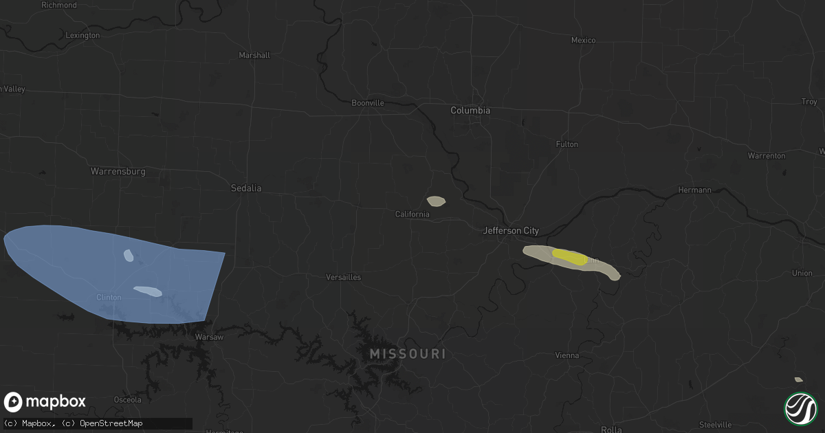 Hail map in California, MO on July 9, 2026