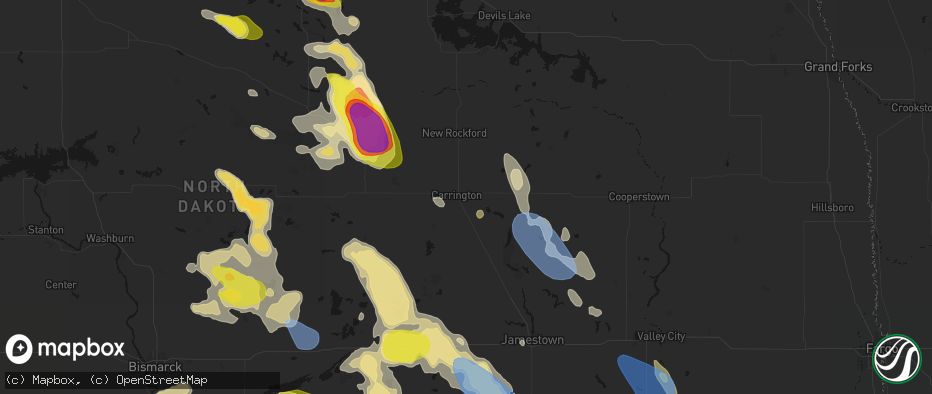 Hail map in Carrington, ND on July 9, 2026