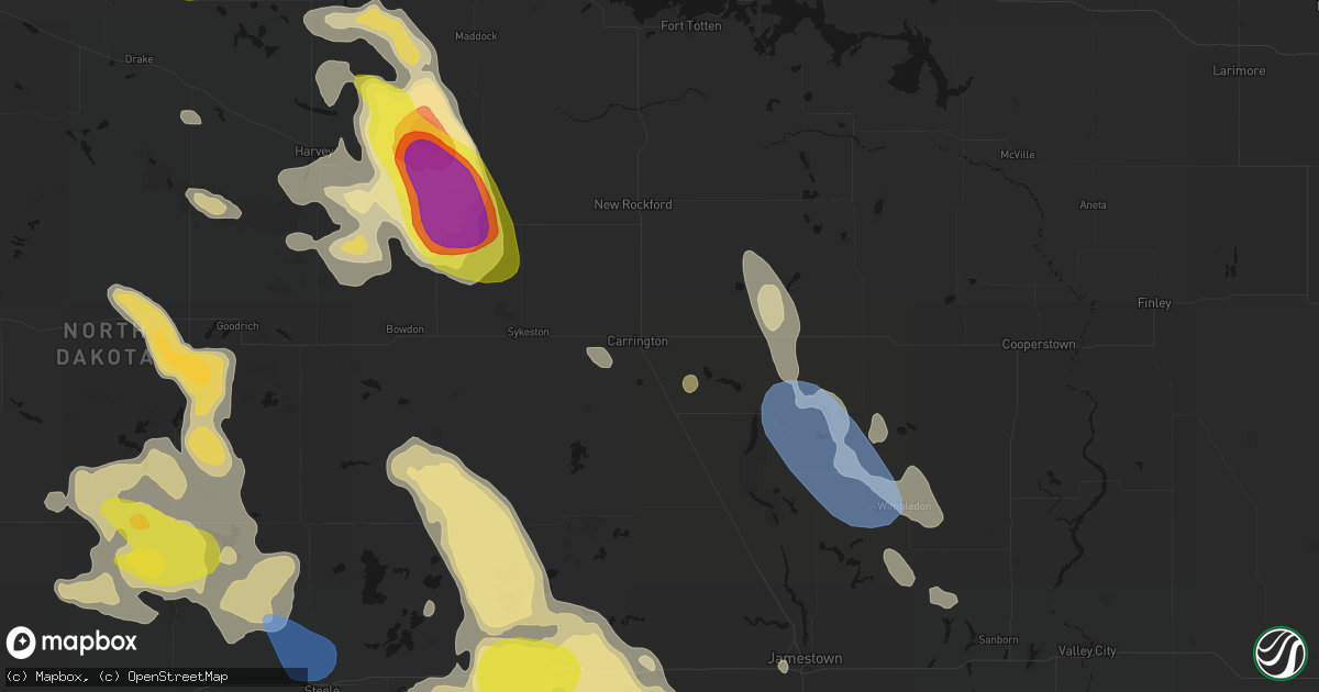 Hail map in Carrington, ND on July 9, 2026