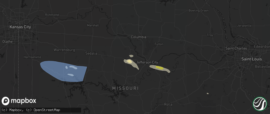 Hail map in Centertown, MO on July 9, 2026
