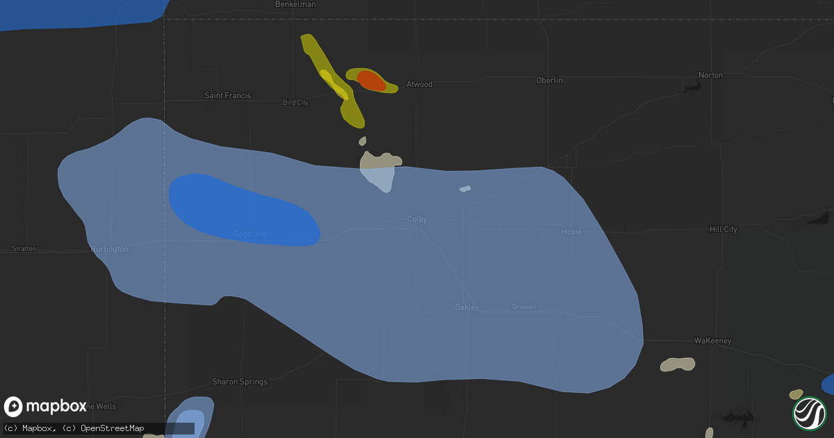 Hail map in Colby, KS on July 9, 2026