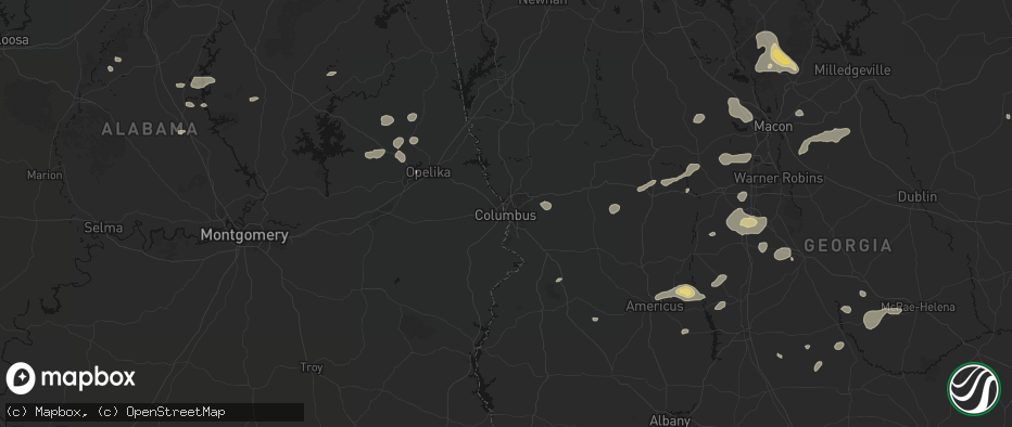 Hail map in Columbus, GA on July 9, 2026