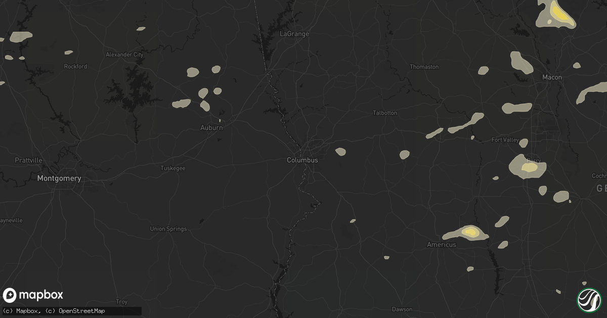 Hail map in Columbus, GA on July 9, 2026