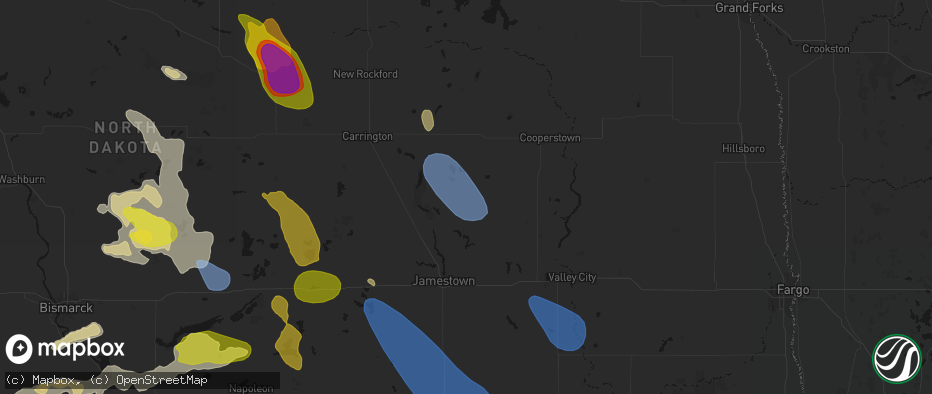 Hail map in Courtenay, ND on July 9, 2026