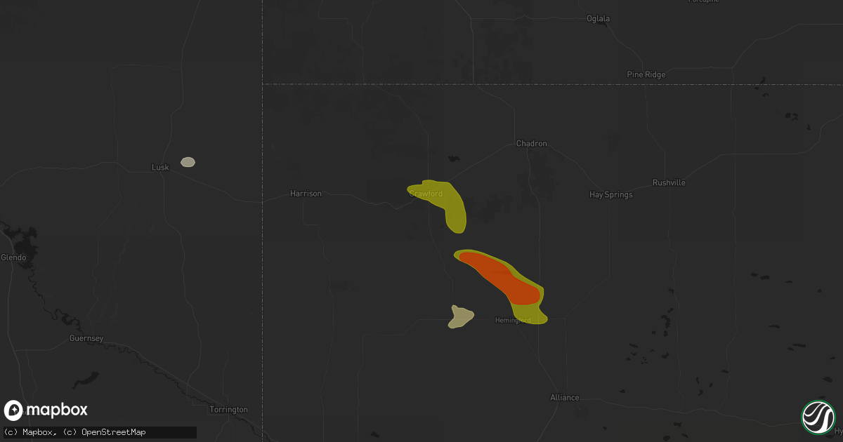 Hail map in Crawford, NE on July 9, 2026
