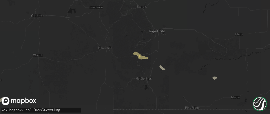 Hail map in Custer, SD on July 9, 2026