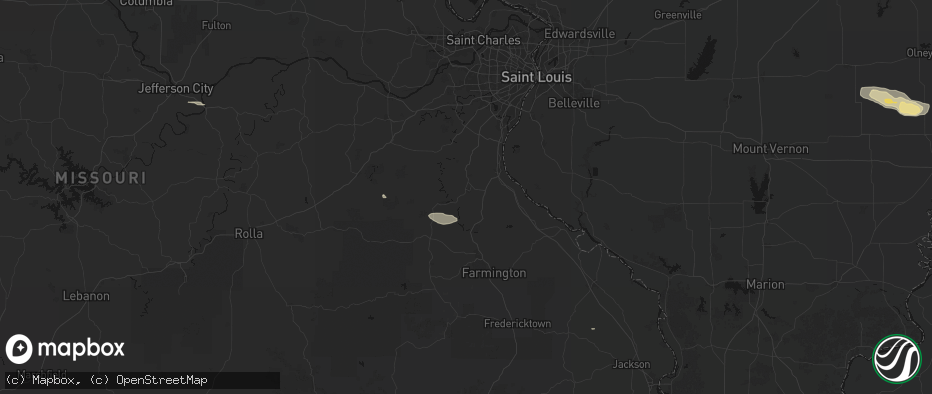 Hail map in De Soto, MO on July 9, 2026
