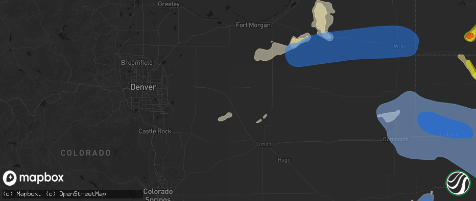 Hail map in Deer Trail, CO on July 9, 2026