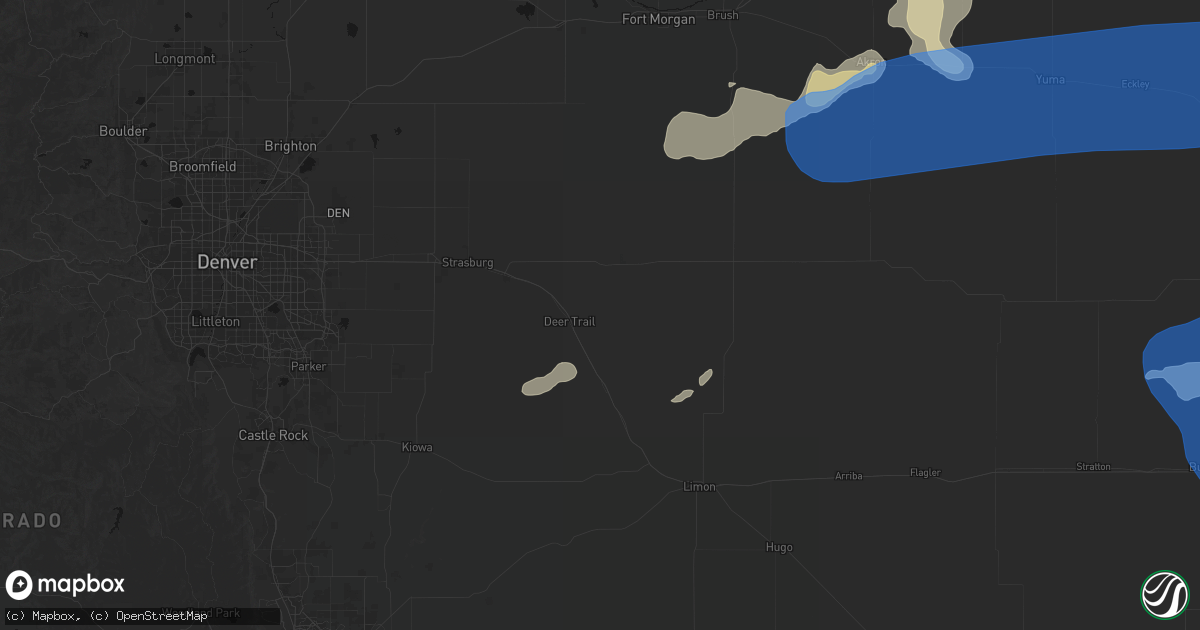 Hail map in Deer Trail, CO on July 9, 2026