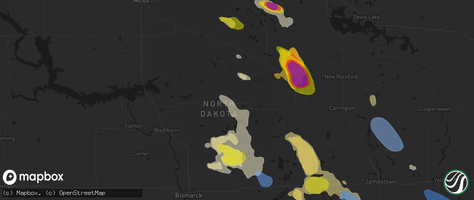 Hail map in Denhoff, ND on July 9, 2026