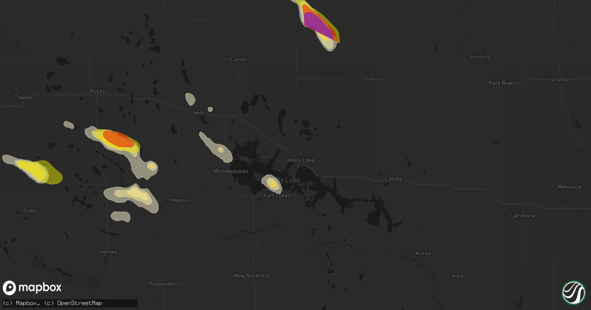 Hail map in Devils Lake, ND on July 9, 2026