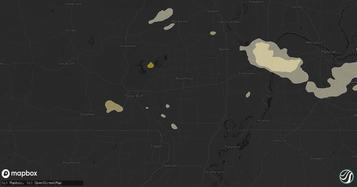 Hail map in Dexter, MO on July 9, 2026