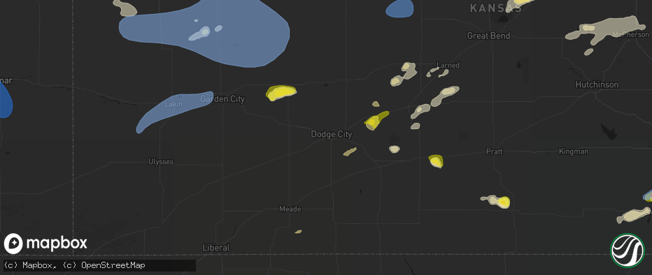Hail map in Dodge City, KS on July 9, 2026
