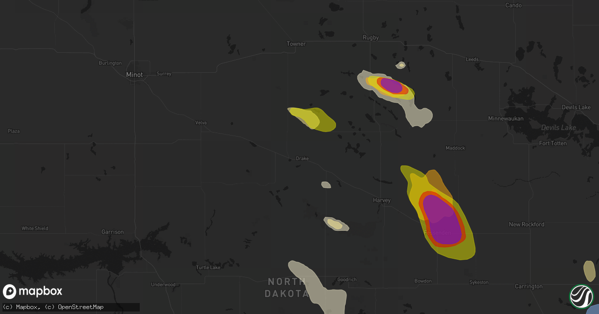 Hail map in Drake, ND on July 9, 2026