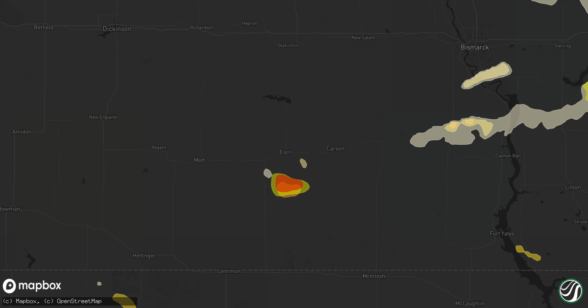 Hail map in Elgin, ND on July 9, 2026