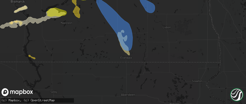 Hail map in Ellendale, ND on July 9, 2026