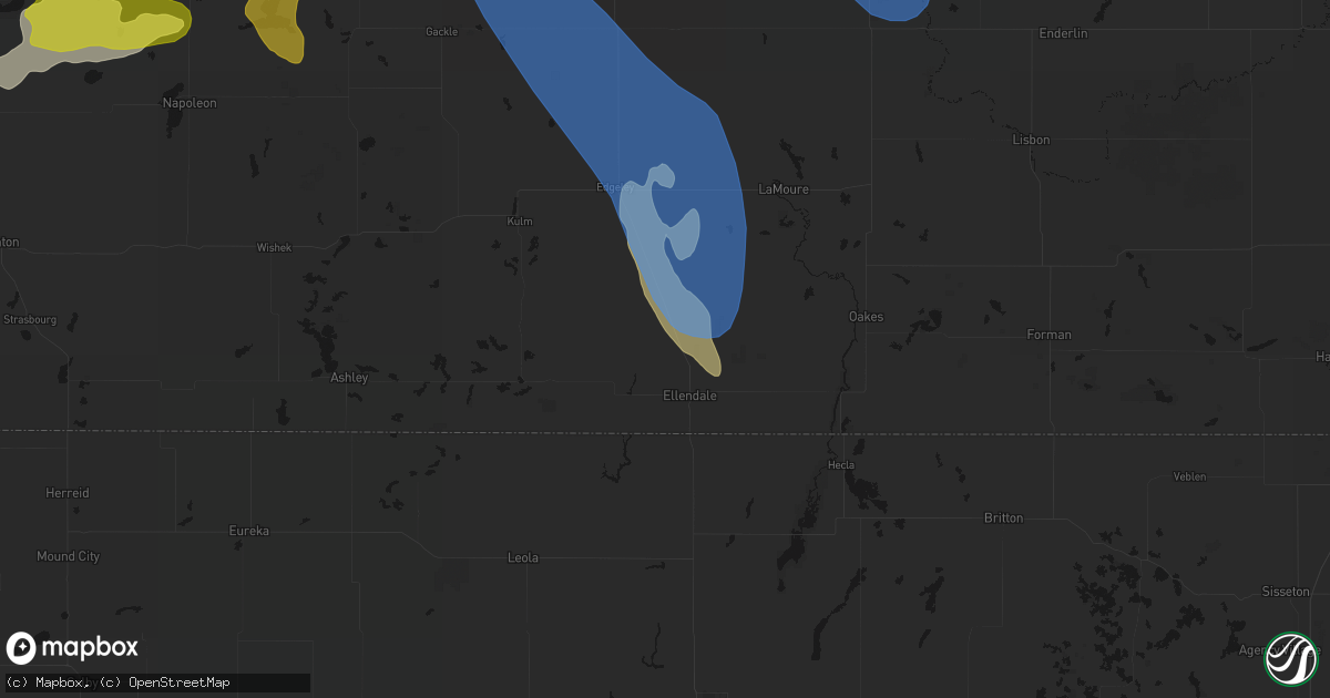 Hail map in Ellendale, ND on July 9, 2026