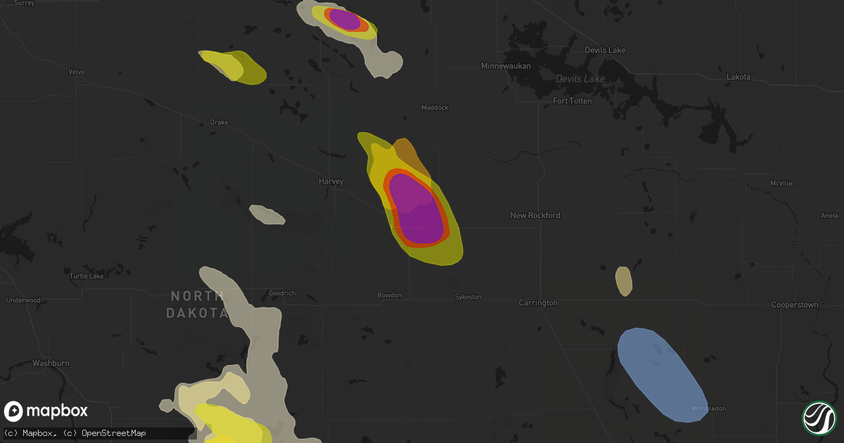 Hail map in Fessenden, ND on July 9, 2026