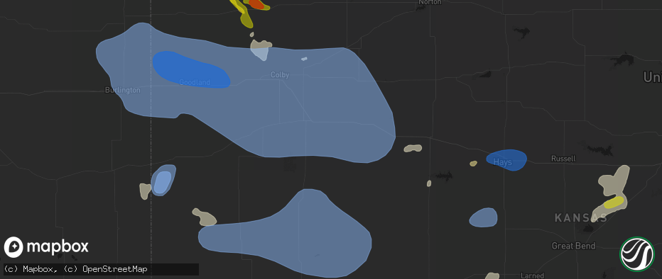 Hail map in Grinnell, KS on July 9, 2026