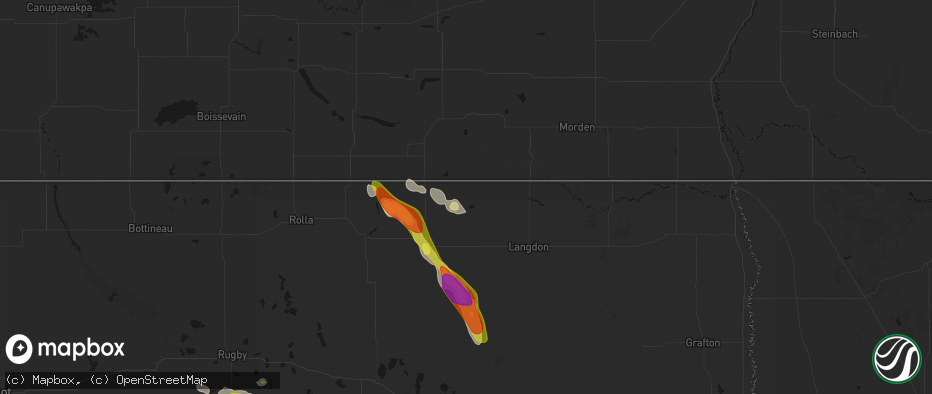 Hail map in Hannah, ND on July 9, 2026