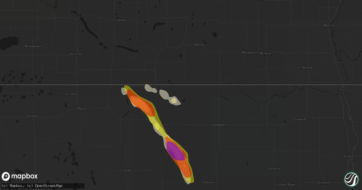 Hail map in Hannah, ND on July 9, 2026