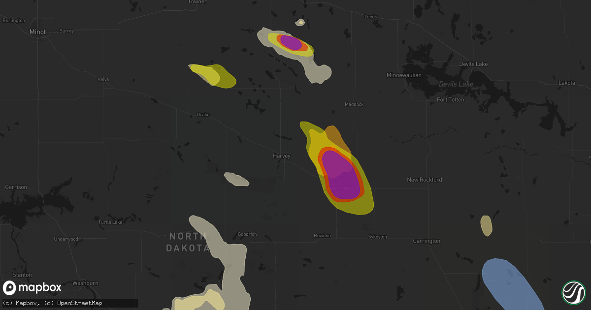 Hail map in Harvey, ND on July 9, 2026
