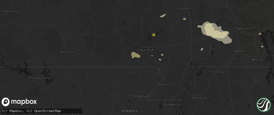 Hail map in Harviell, MO on July 9, 2026
