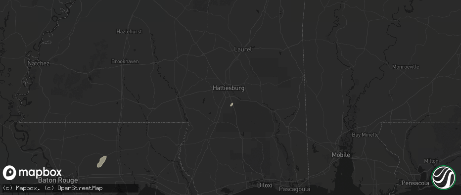 Hail map in Hattiesburg, MS on July 9, 2026