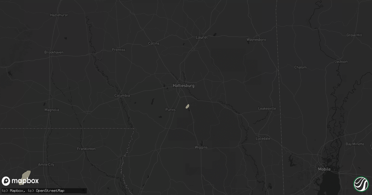 Hail map in Hattiesburg, MS on July 9, 2026