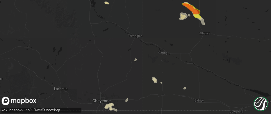 Hail map in Hawk Springs, WY on July 9, 2026