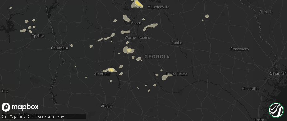 Hail map in Hawkinsville, GA on July 9, 2026