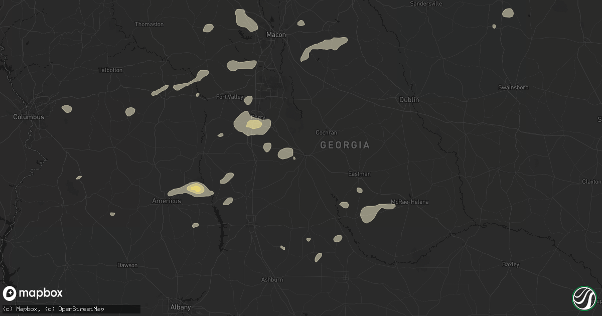 Hail map in Hawkinsville, GA on July 9, 2026