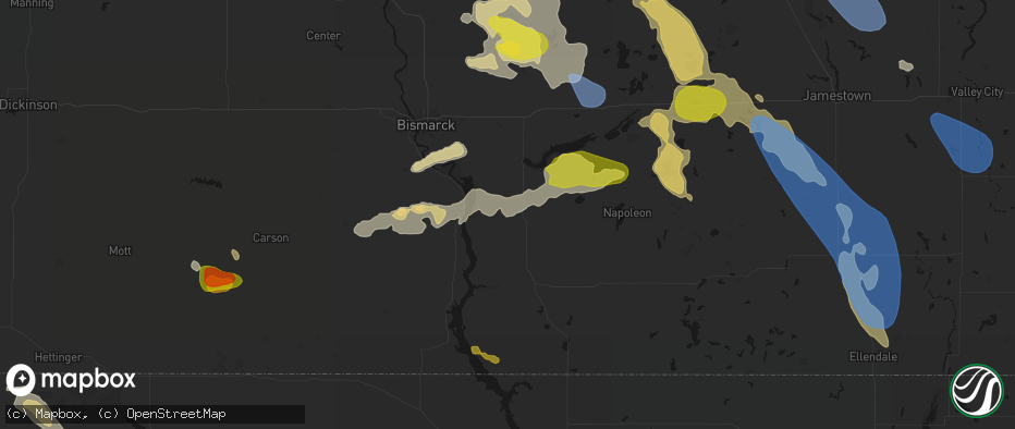 Hail map in Hazelton, ND on July 9, 2026