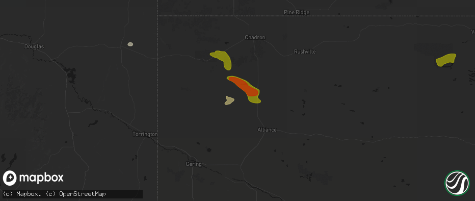 Hail map in Hemingford, NE on July 9, 2026