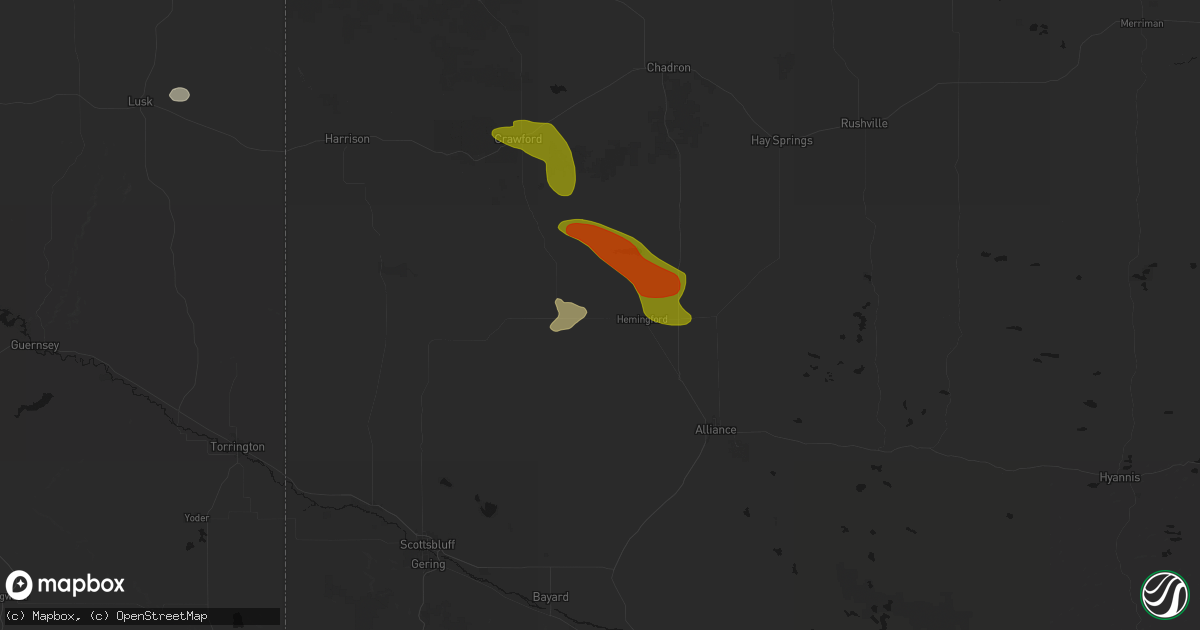 Hail map in Hemingford, NE on July 9, 2026