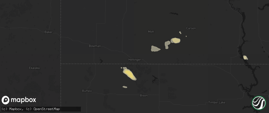 Hail map in Hettinger, ND on July 9, 2026