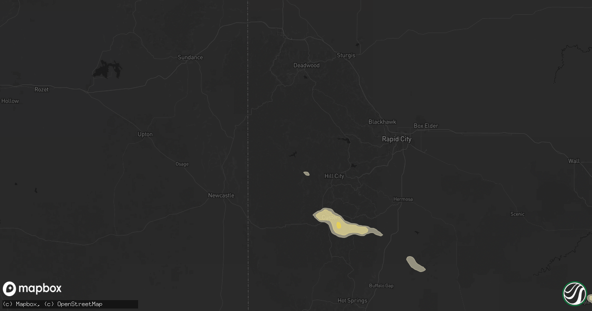 Hail map in Hill City, SD on July 9, 2026