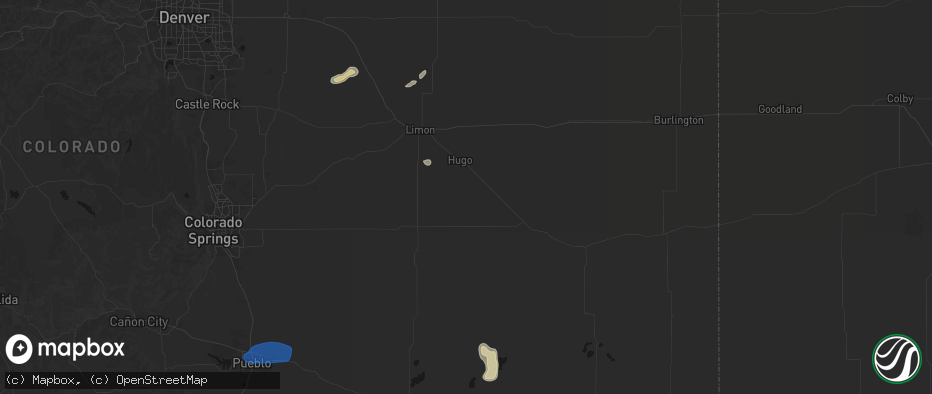 Hail map in Hugo, CO on July 9, 2026
