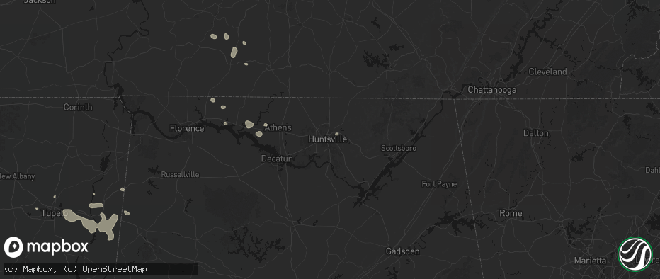 Hail map in Huntsville, AL on July 9, 2026